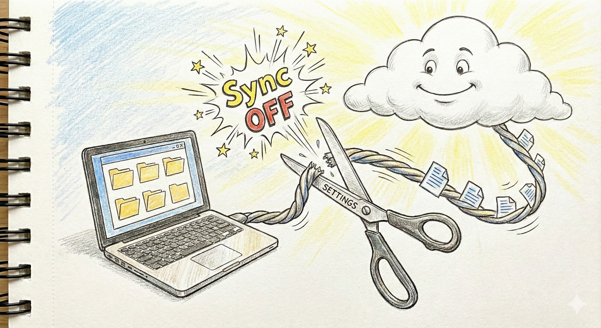 OneDrive同期解除のハウツー記事のイメージ画像（色鉛筆風画法）