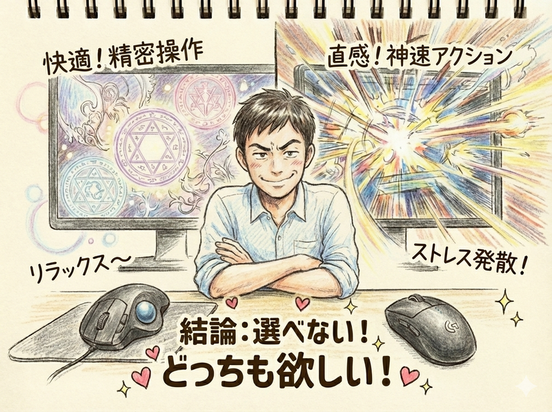 まとめとして、マウスもトラックボールもどちらも捨て難い様子を描いた見出し画像。