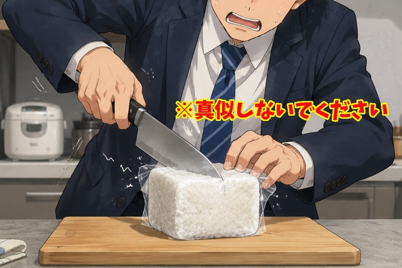凍った米の塊を無理やり切り分けようとする人（マネしないでください）