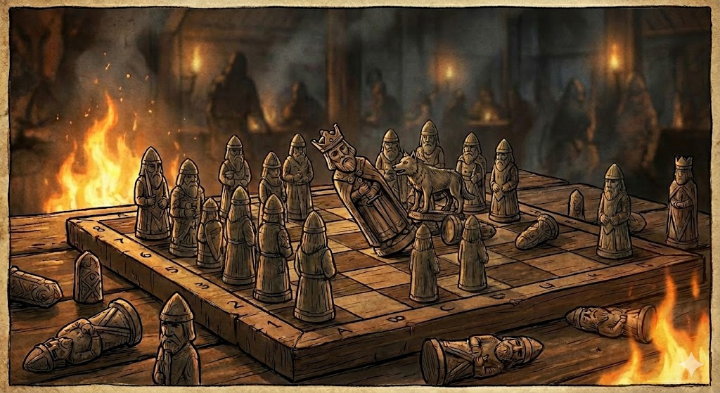 王の側近たちに囲まれて王に脅されている絶望的な状況下で、オオカミが王を倒す様子