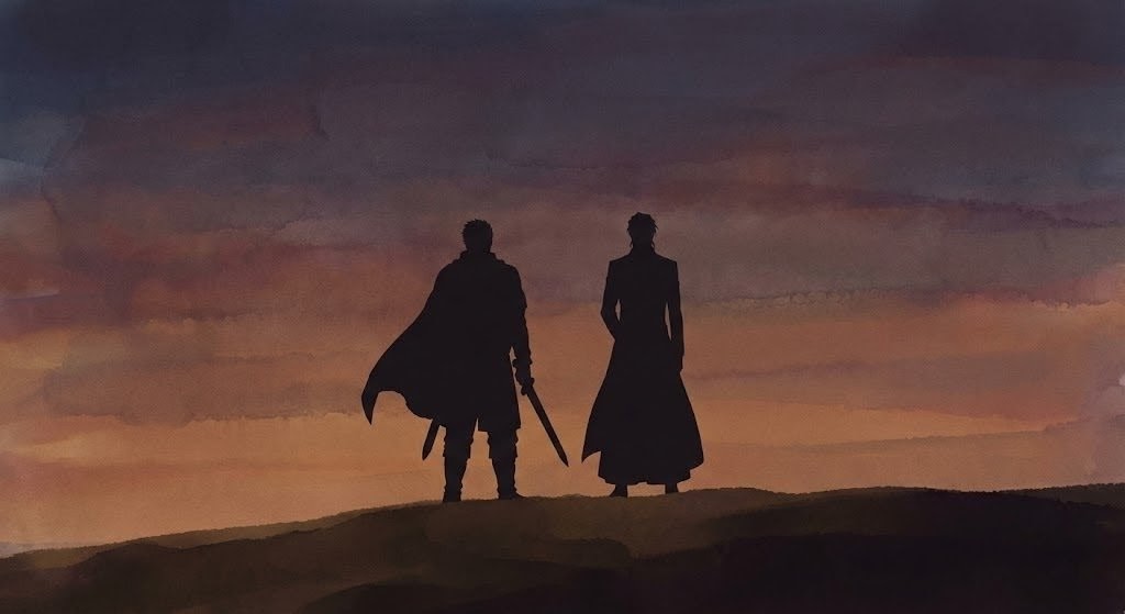 悪役たちが同じ方向を向いている、同じ美学をもっていることを示唆するイメージ